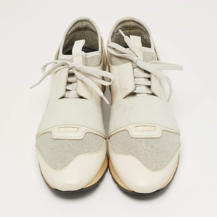 Pre Owned Balenciaga Race Runner Size 41 Grey/White Knit Fabric and Leather Low Top Sneakers