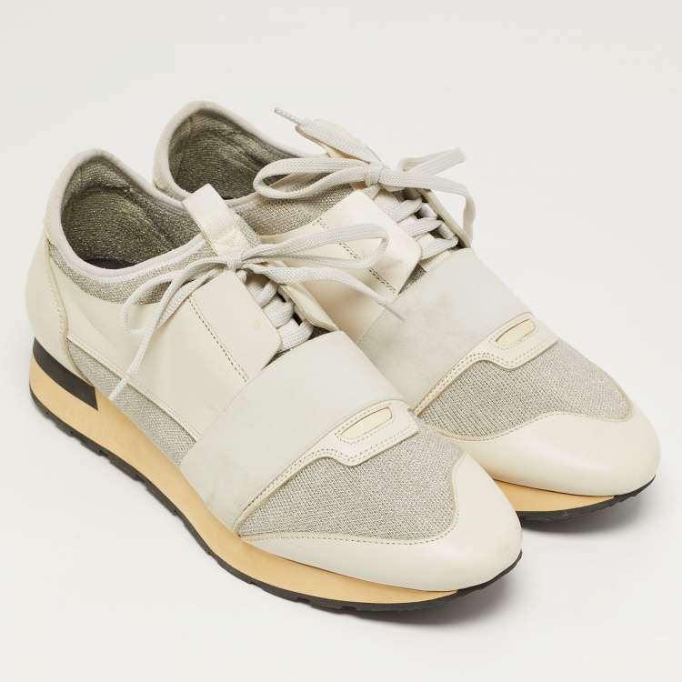 Pre Owned Balenciaga Race Runner Size 41 Grey/White Knit Fabric and Leather Low Top Sneakers