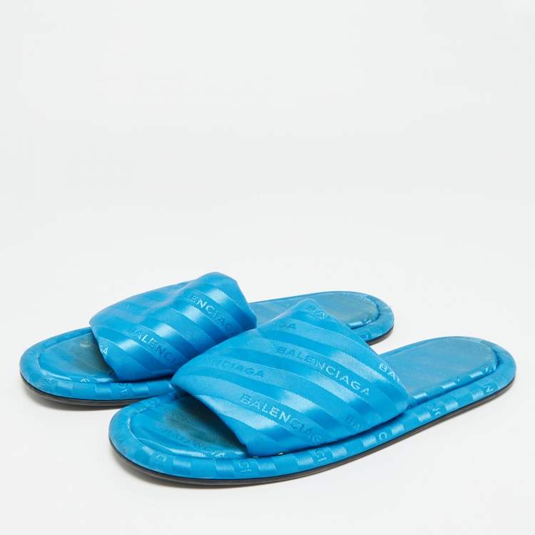 Pre Owned Balenciaga Hotel Size 40 Blue Logo Fabric Flat Slides