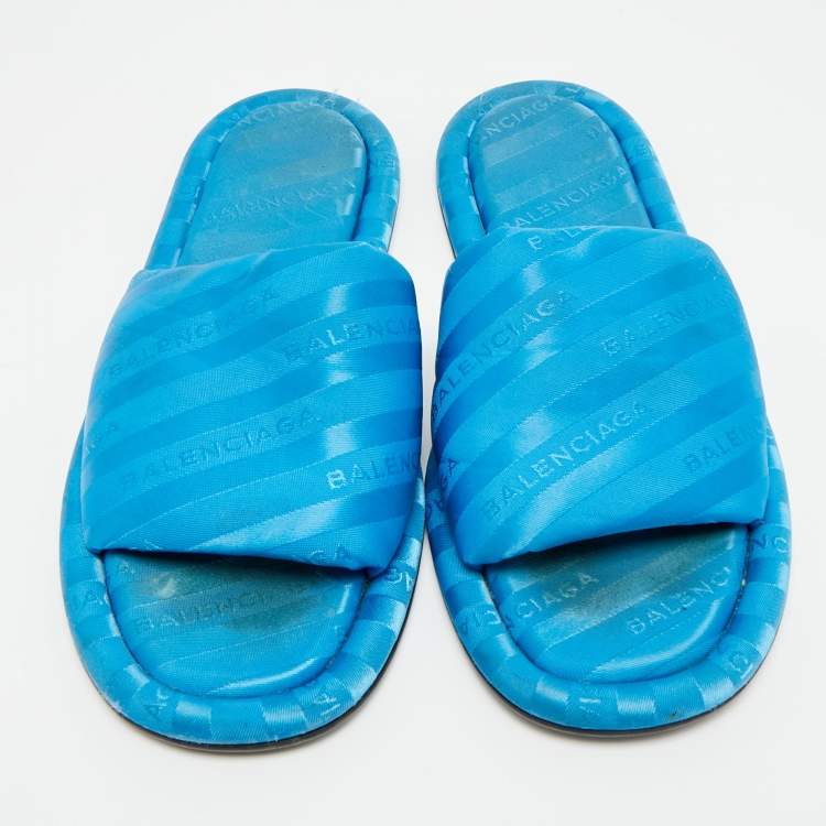 Pre Owned Balenciaga Hotel Size 40 Blue Logo Fabric Flat Slides