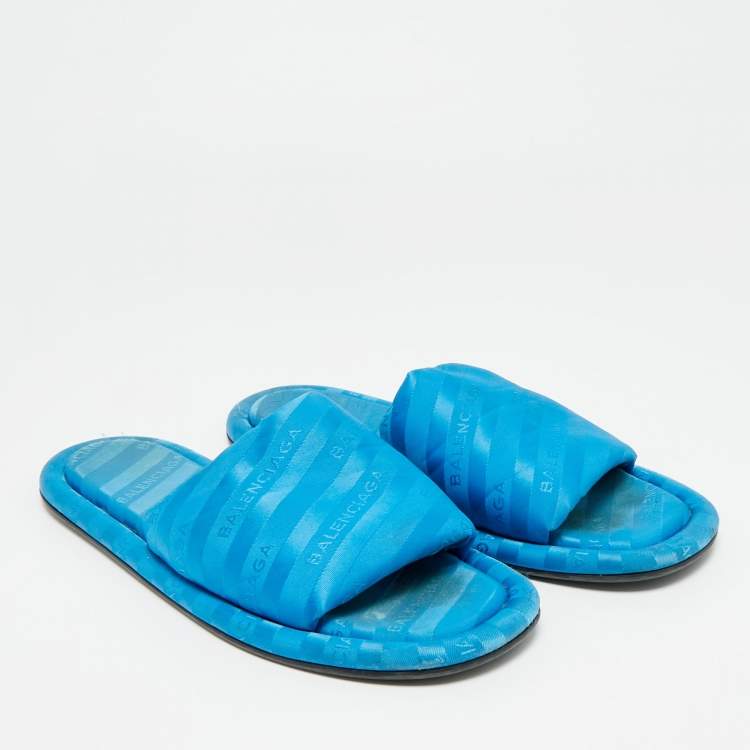 Pre Owned Balenciaga Hotel Size 40 Blue Logo Fabric Flat Slides