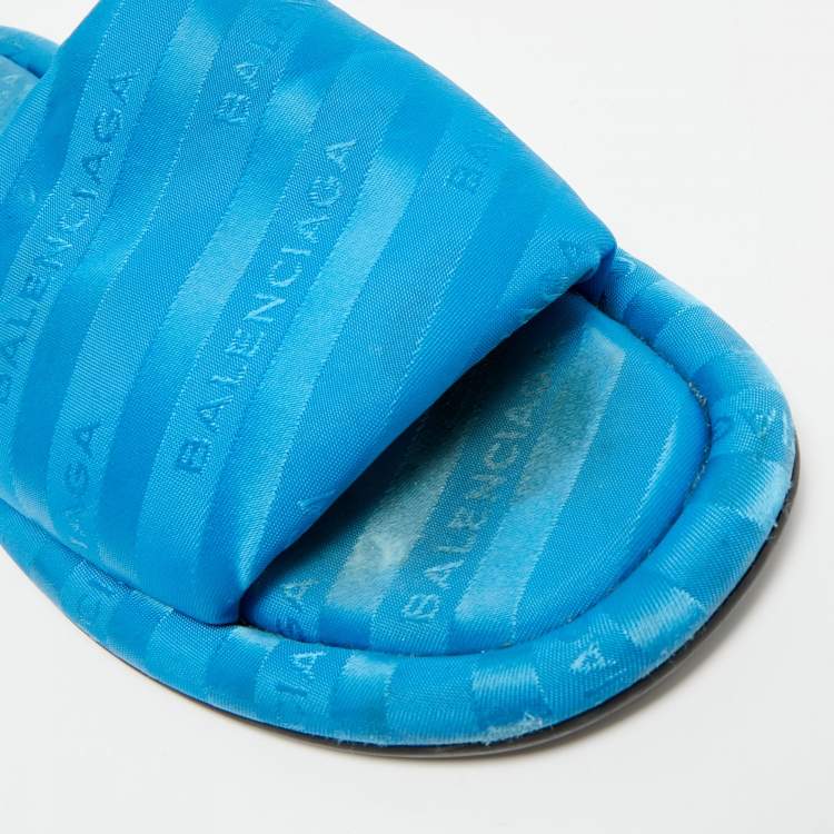 Pre Owned Balenciaga Hotel Size 40 Blue Logo Fabric Flat Slides