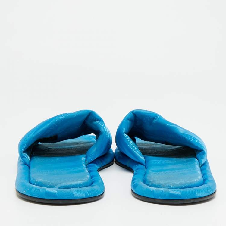 Pre Owned Balenciaga Hotel Size 40 Blue Logo Fabric Flat Slides