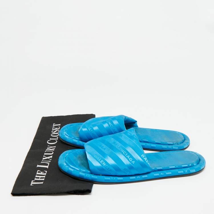 Pre Owned Balenciaga Hotel Size 40 Blue Logo Fabric Flat Slides