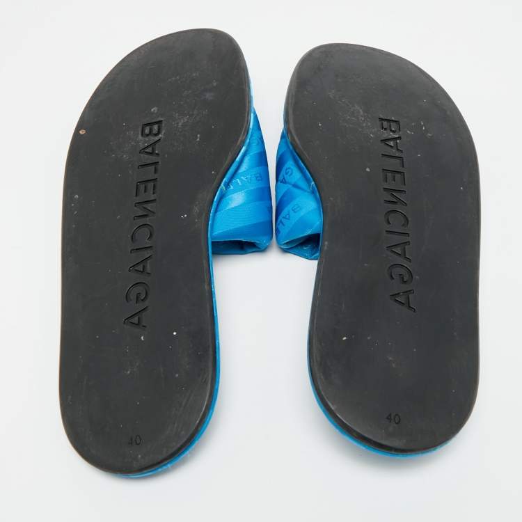 Pre Owned Balenciaga Hotel Size 40 Blue Logo Fabric Flat Slides