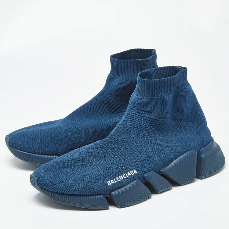 Pre Owned Balenciaga Speed 2.0 Size 44 Blue Knit Fabric High Top Sneakers