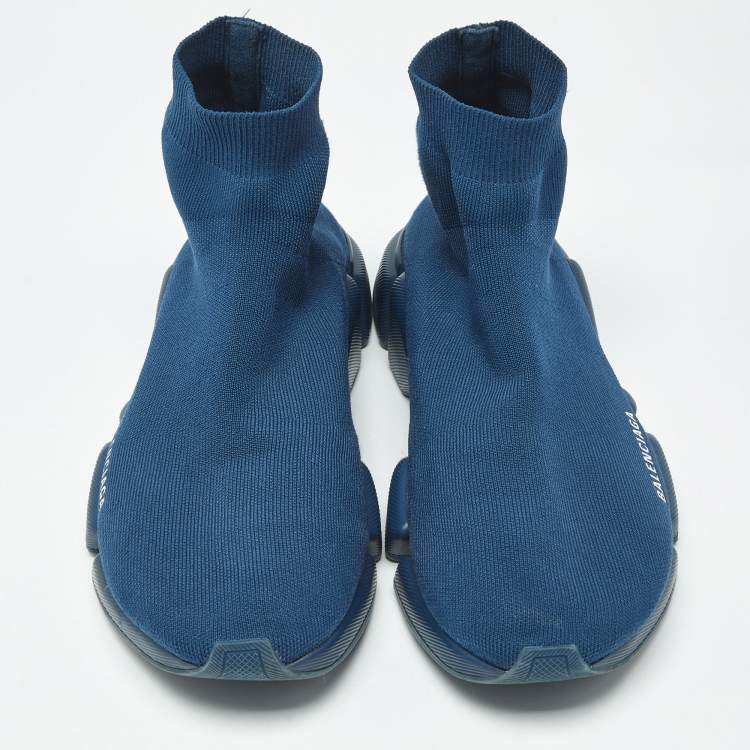 Pre Owned Balenciaga Speed 2.0 Size 44 Blue Knit Fabric High Top Sneakers