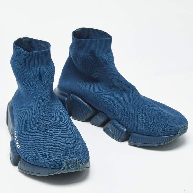 Pre Owned Balenciaga Speed 2.0 Size 44 Blue Knit Fabric High Top Sneakers