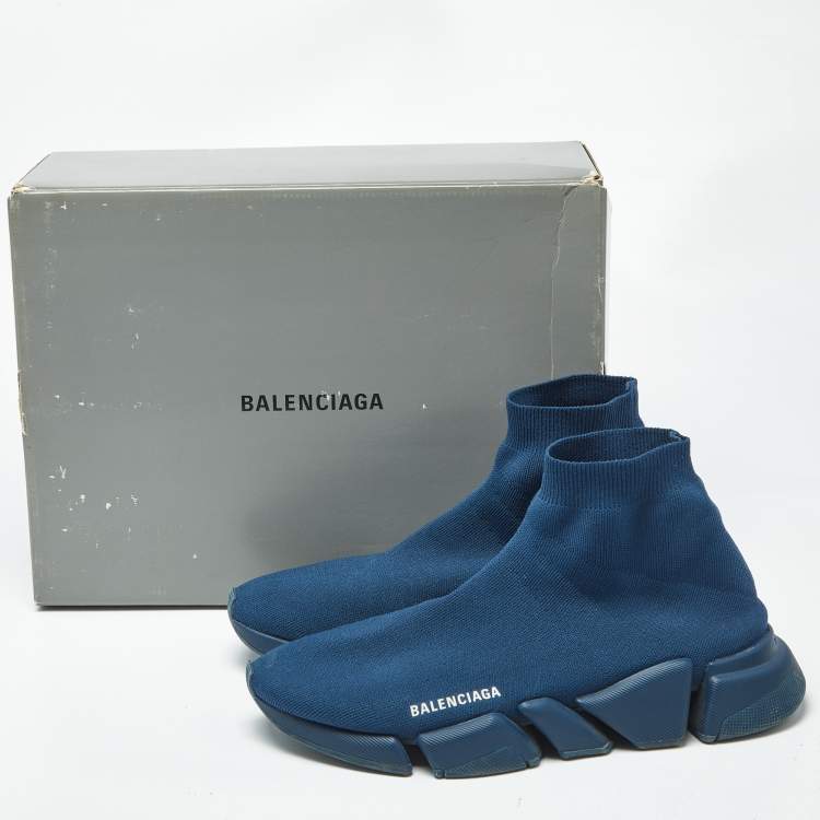 Pre Owned Balenciaga Speed 2.0 Size 44 Blue Knit Fabric High Top Sneakers