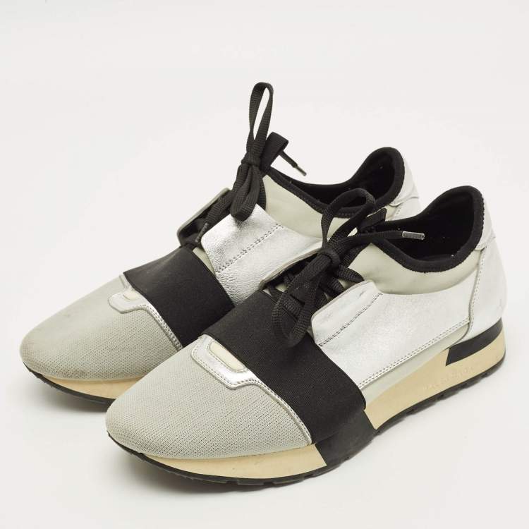 Pre Owned Balenciaga Race Runner Size 41 Silver/Black Knit Fabric and Leather Low Top Sneakers