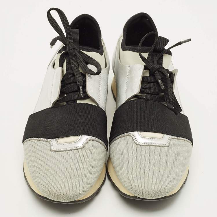 Pre Owned Balenciaga Race Runner Size 41 Silver/Black Knit Fabric and Leather Low Top Sneakers