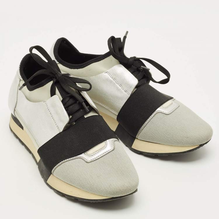 Pre Owned Balenciaga Race Runner Size 41 Silver/Black Knit Fabric and Leather Low Top Sneakers