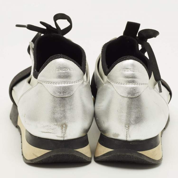Pre Owned Balenciaga Race Runner Size 41 Silver/Black Knit Fabric and Leather Low Top Sneakers