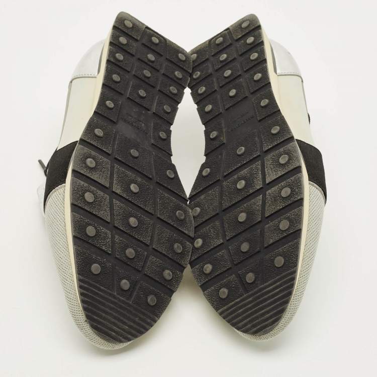 Pre Owned Balenciaga Race Runner Size 41 Silver/Black Knit Fabric and Leather Low Top Sneakers