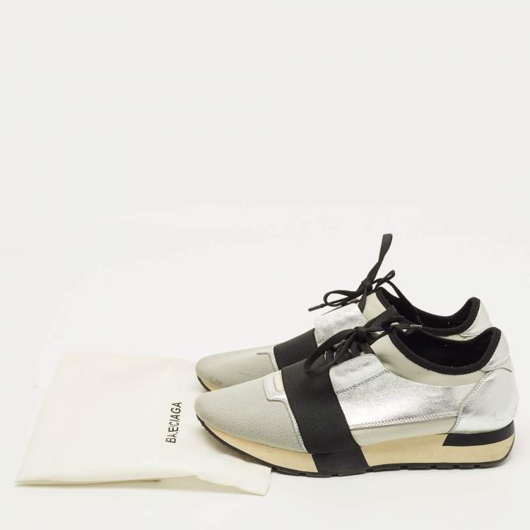 Pre Owned Balenciaga Race Runner Size 41 Silver/Black Knit Fabric and Leather Low Top Sneakers