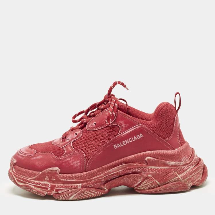Pre Owned Balenciaga Triple S Clear Sole Size 44 Pink Faux Leather and Mesh Lace Up Sneakers