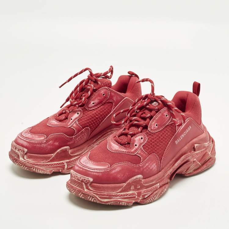 Pre Owned Balenciaga Triple S Clear Sole Size 44 Pink Faux Leather and Mesh Lace Up Sneakers
