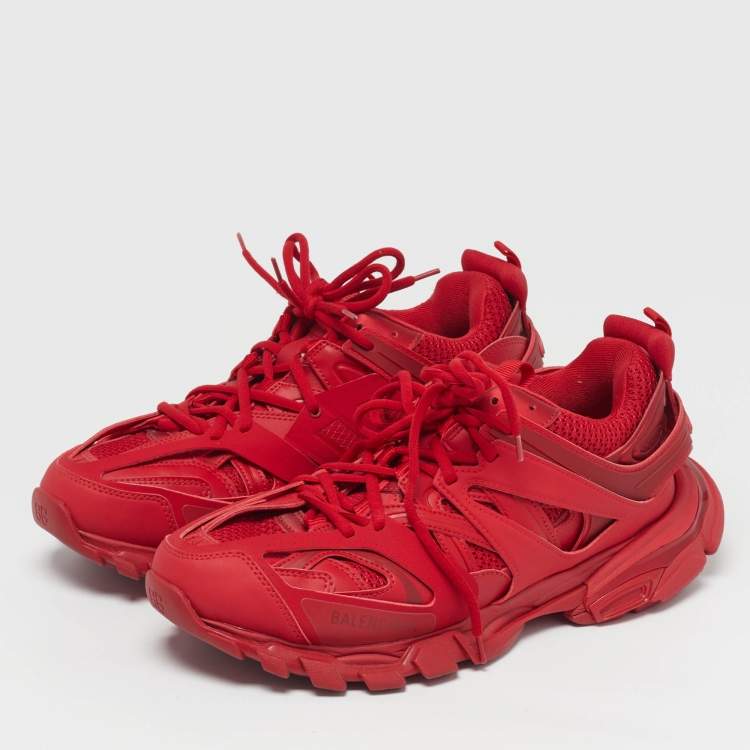 Pre Owned Balenciaga Track Size 44 Red Faux Leather and Mesh Lace Up Sneakers