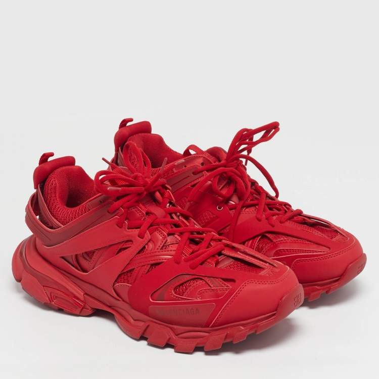 Pre Owned Balenciaga Track Size 44 Red Faux Leather and Mesh Lace Up Sneakers