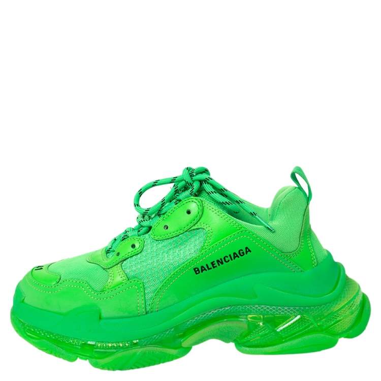 Balenciaga Neon Green Mesh And Leather Triple S Platform Sneakers