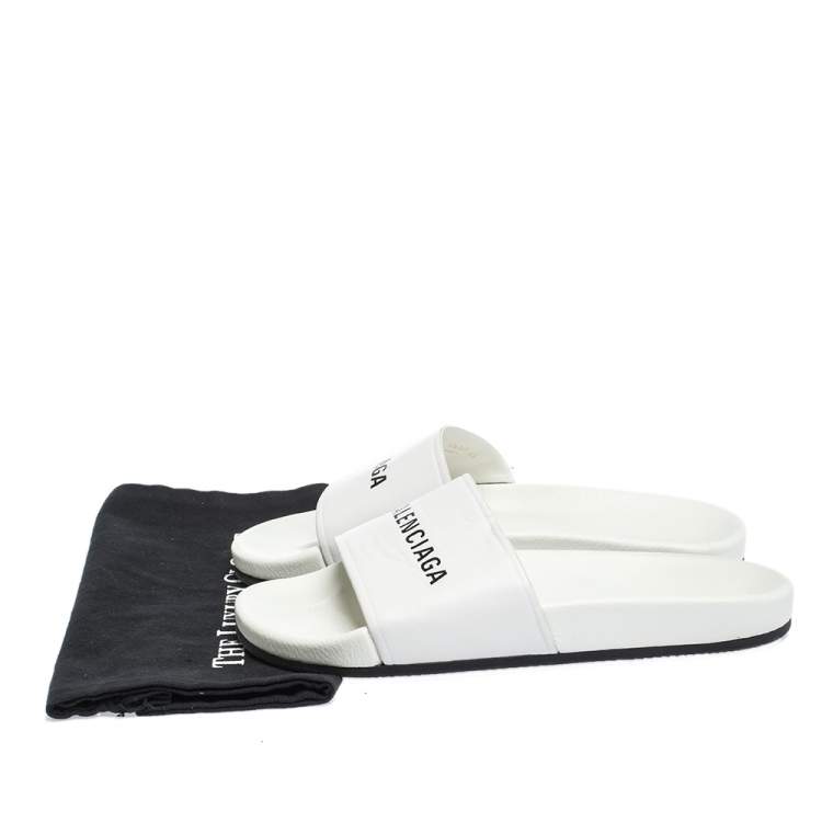 Pre Owned Balenciaga White Leather Logo Slide Sandals Size 41