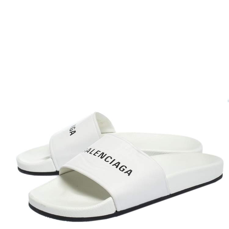 Pre Owned Balenciaga White Leather Logo Slide Sandals Size 41