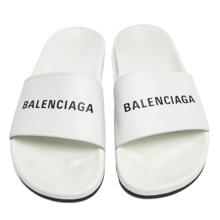Pre Owned Balenciaga White Leather Logo Slide Sandals Size 41