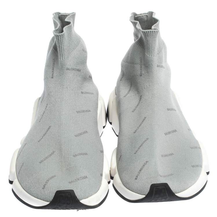 Pre Owned Balenciaga Grey Logo Print Knit Speed Trainer Sneakers Size 41