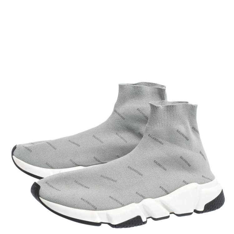 Pre Owned Balenciaga Grey Logo Print Knit Speed Trainer Sneakers Size 41