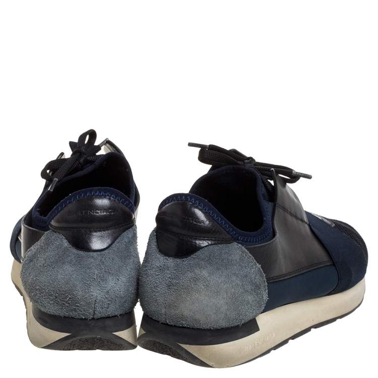 Pre Owned Balenciaga Black/Blue Leather And Mesh Race Runners Sneakers Size 41