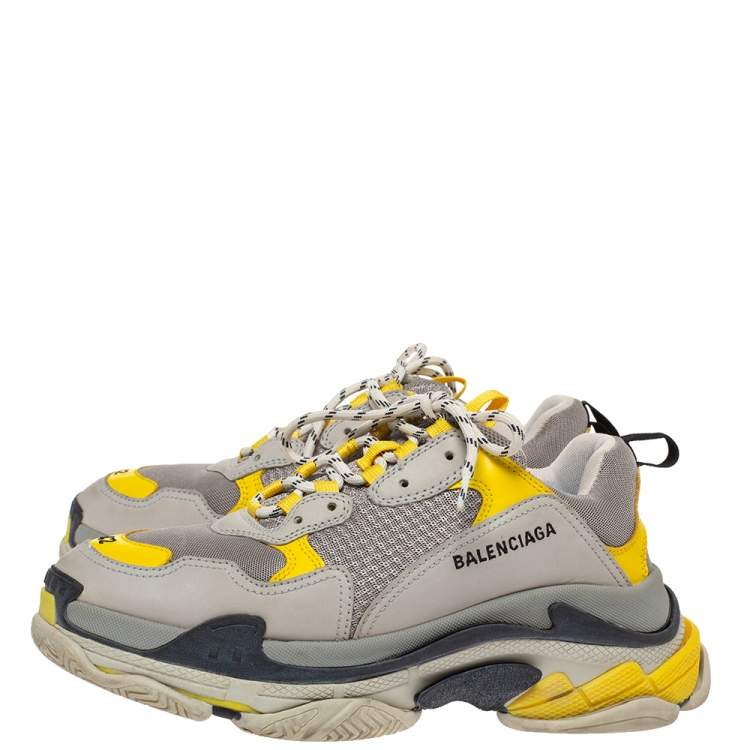 Pre Owned Balenciaga Grey/Yellow Nubuck, Leather And Mesh Triple S Trainer Sneakers Size 42