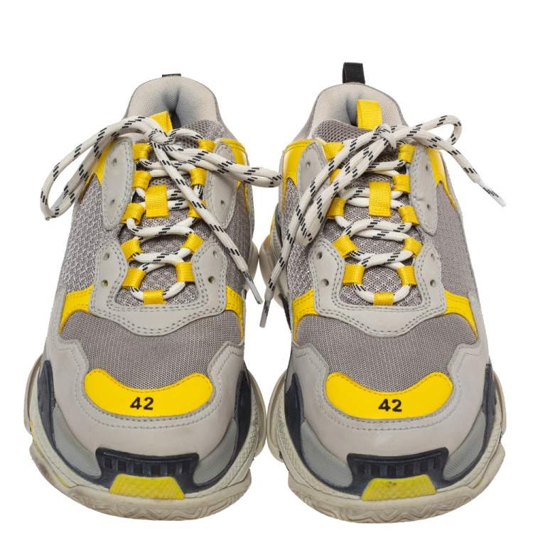 Pre Owned Balenciaga Grey/Yellow Nubuck, Leather And Mesh Triple S Trainer Sneakers Size 42