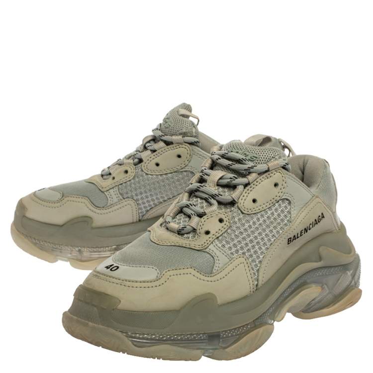 Pre Owned Balenciaga Grey/Green Leather And Mesh Triple S Trainer Sneakers Size 40