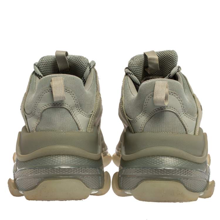 Pre Owned Balenciaga Grey/Green Leather And Mesh Triple S Trainer Sneakers Size 40