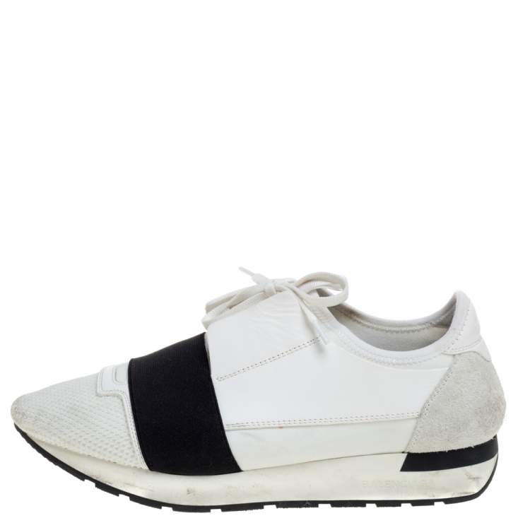 Pre Owned Balenciaga White Mesh And Leather Race Runner Low Top Sneakers Size 40