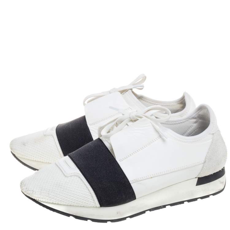 Pre Owned Balenciaga White Mesh And Leather Race Runner Low Top Sneakers Size 40