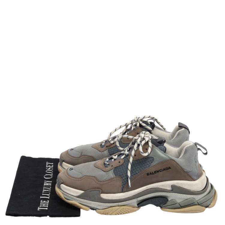 Pre Owned Balenciaga Grey/Blue Leather And Mesh Triple S Sneakers Size 45