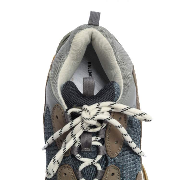 Pre Owned Balenciaga Grey/Blue Leather And Mesh Triple S Sneakers Size 45