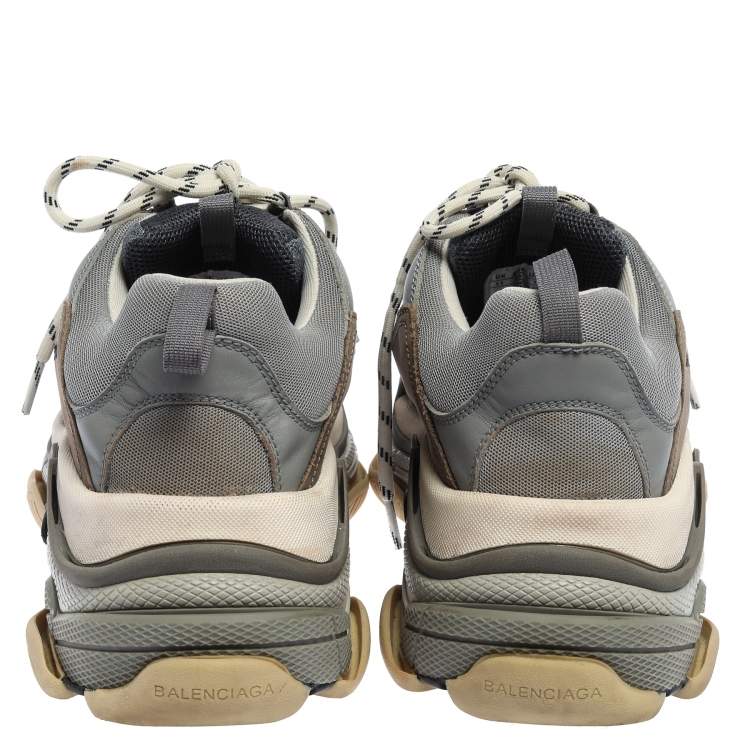 Pre Owned Balenciaga Grey/Blue Leather And Mesh Triple S Sneakers Size 45