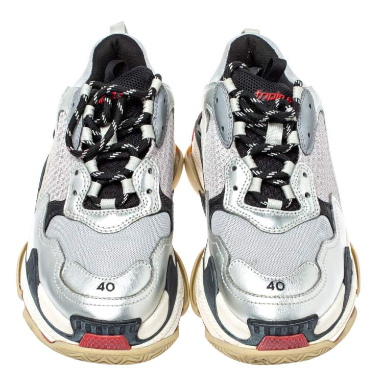 Pre Owned Balenciaga Silver Mesh And Leather Triple S Platform Sneakers Size 40
