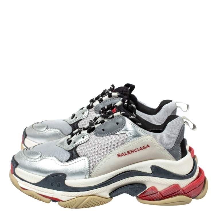 Pre Owned Balenciaga Silver Mesh And Leather Triple S Platform Sneakers Size 40
