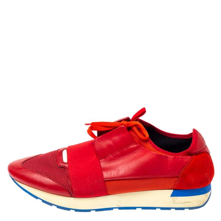 Pre Owned Balenciaga Red Mesh, Leather And Suede Race Runners Low Top Sneakers Size 45