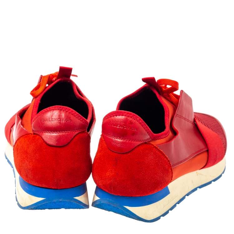Pre Owned Balenciaga Red Mesh, Leather And Suede Race Runners Low Top Sneakers Size 45