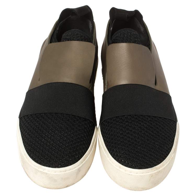 Pre Owned Balenciaga Black/Khaki Leather/Suede, and Knit Fabric Slip On Sneakers Size 43