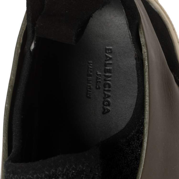 Pre Owned Balenciaga Black/Khaki Leather/Suede, and Knit Fabric Slip On Sneakers Size 43