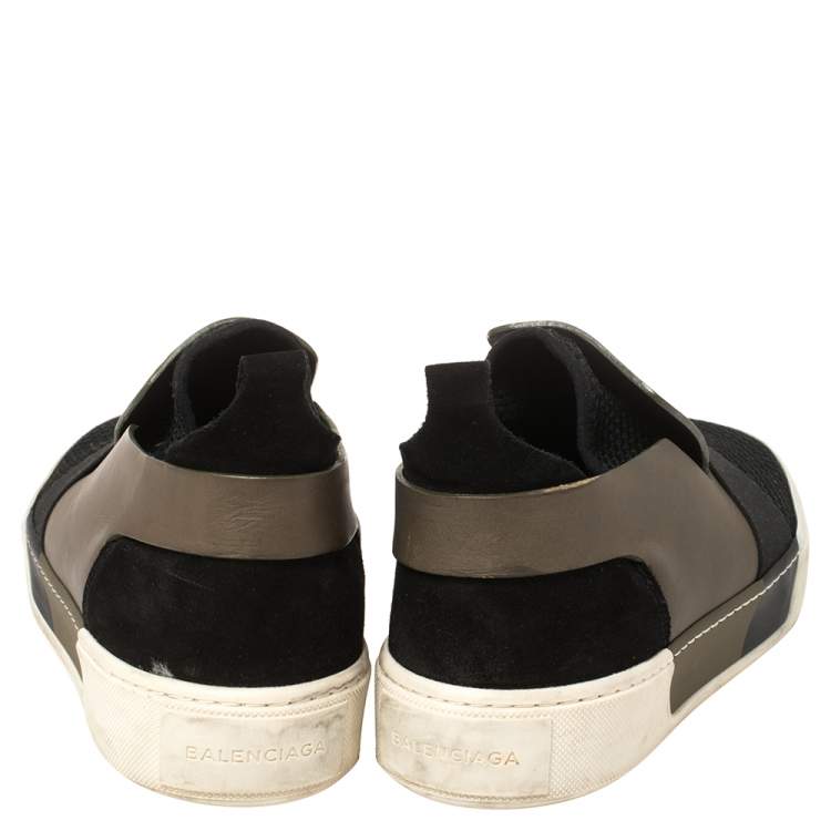 Pre Owned Balenciaga Black/Khaki Leather/Suede, and Knit Fabric Slip On Sneakers Size 43