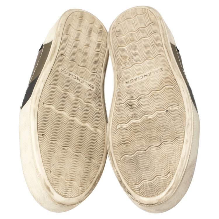 Pre Owned Balenciaga Black/Khaki Leather/Suede, and Knit Fabric Slip On Sneakers Size 43