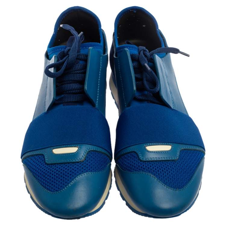 Pre Owned Balenciaga Blue Mesh And Leather Race Runner Low Top Sneakers Size 40