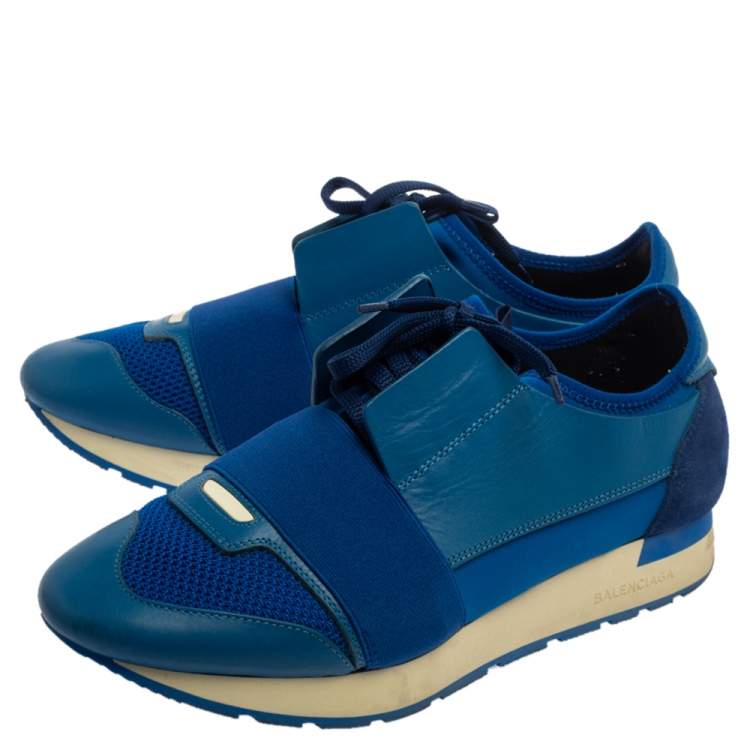 Pre Owned Balenciaga Blue Mesh And Leather Race Runner Low Top Sneakers Size 40