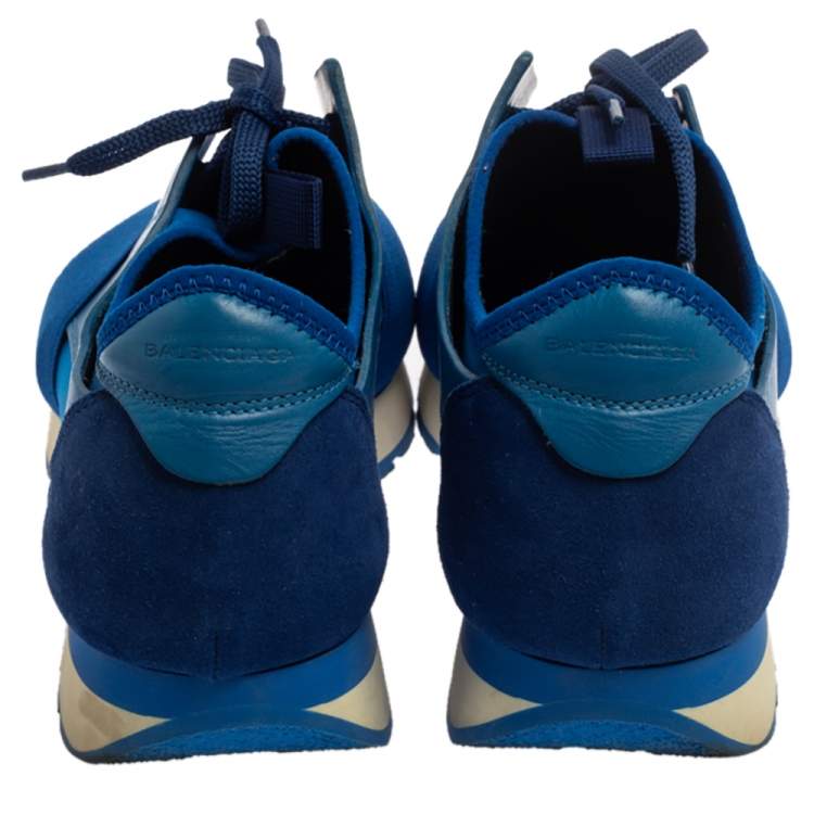 Pre Owned Balenciaga Blue Mesh And Leather Race Runner Low Top Sneakers Size 40